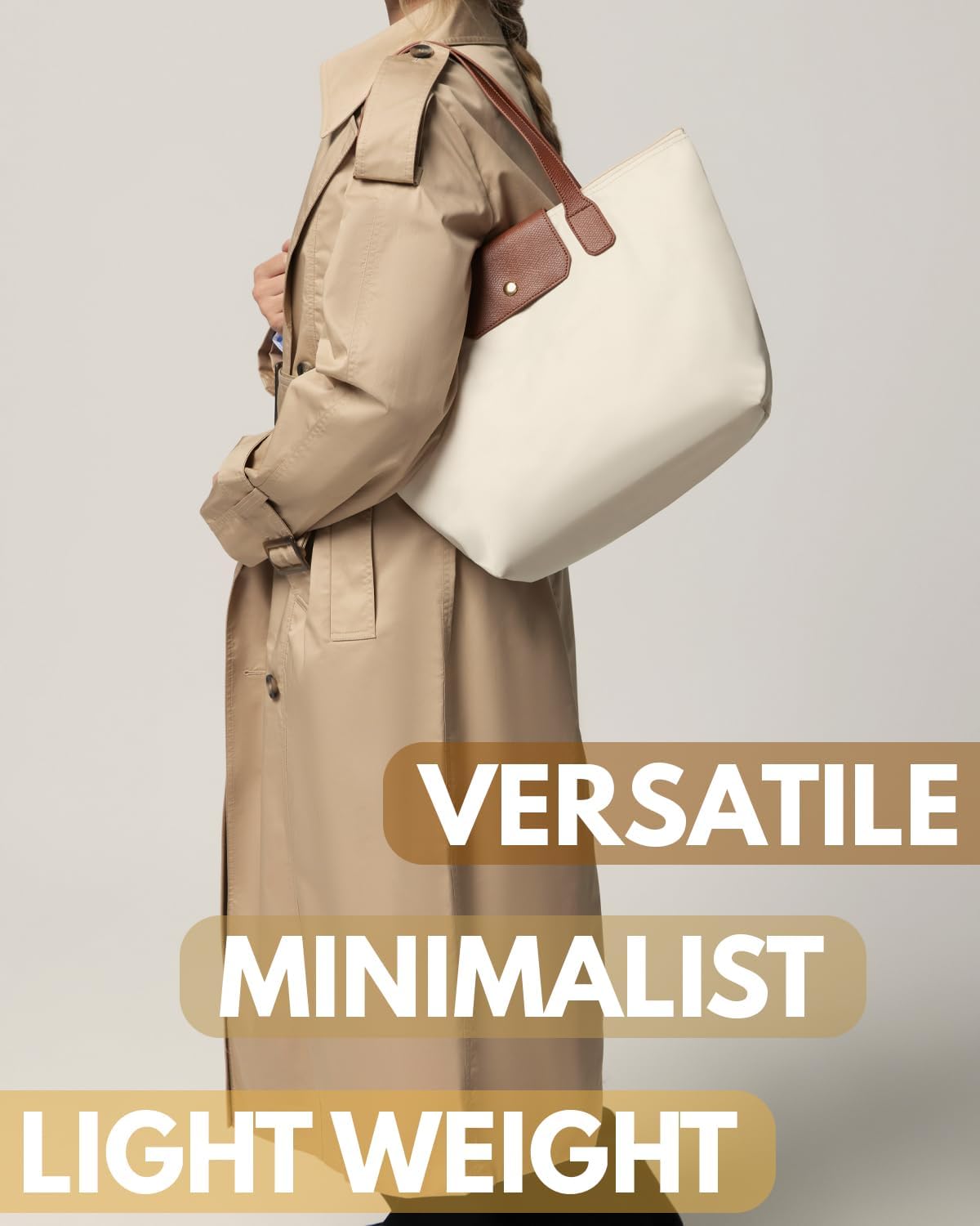 Tote Bag for Women - Nylon Tote Bags - Large Shoulder Tote Bag with Zipper & Foldable - Handbag for Everyday Work Weekend - Beige