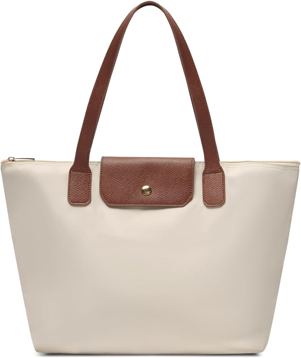 Tote Bag for Women - Nylon Tote Bags - Large Shoulder Tote Bag with Zipper & Foldable - Handbag for Everyday Work Weekend - Beige