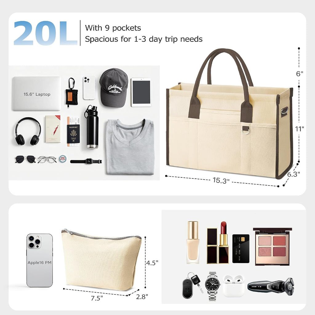 TOPEAST Canvas Tote Bag for Women, Women's Crossbody Handbag for Work Travel, Large Tote Bag with Compartments