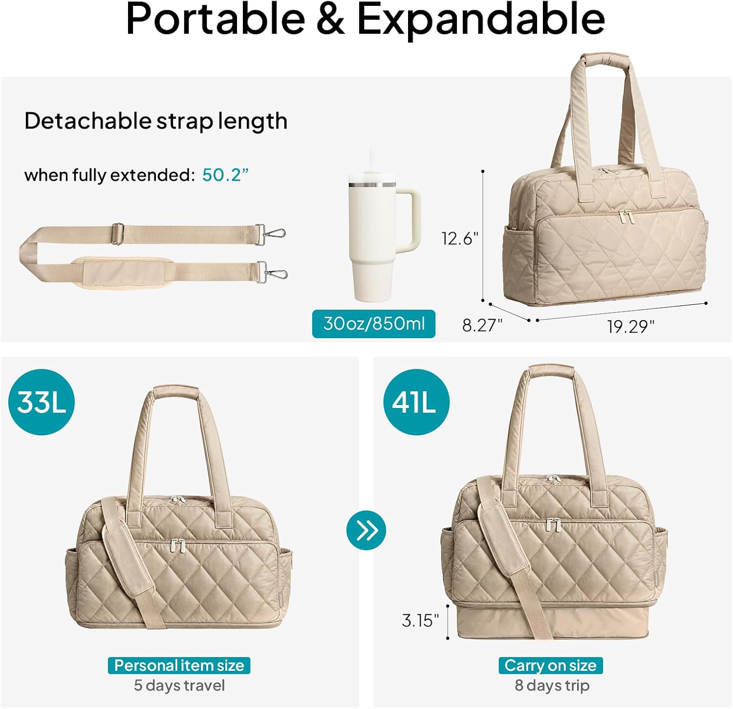 TOPEAST Duffel Bag for Women Travel, Expandable Quilted Duffle Weekender Overnight Bag with Adjustable Strap, Lightweight 33L Personal Item Bag Carry On for Gym Hospital