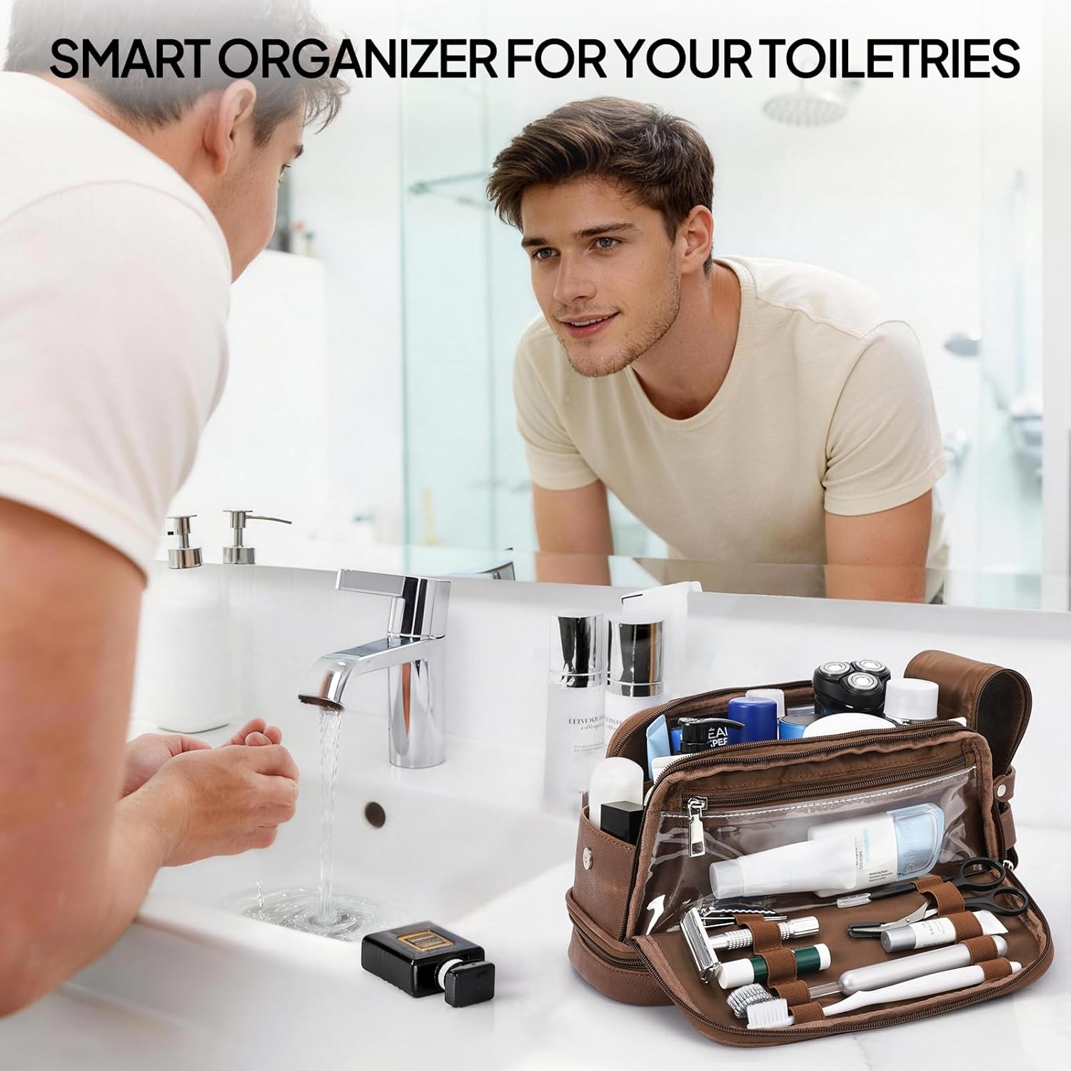 TOPEAST Toiletry Bag for Men, Large PU Leather Dopp Kit with Waterproof Wet Pocket, Double Layer Travel Toiletry Organizer with Brush Compartment, Shaving Bag with Handle, Brown