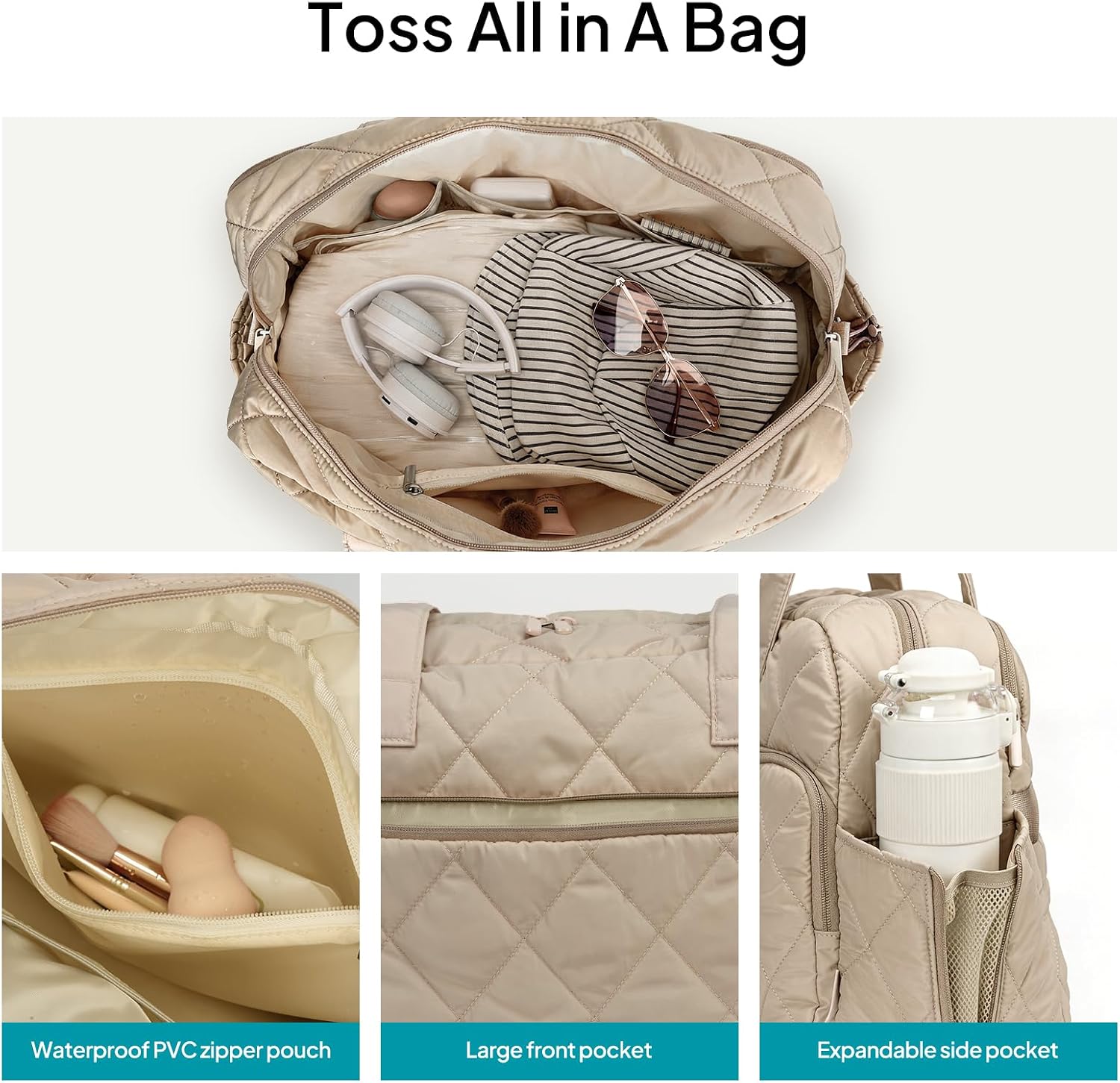 TOPEAST Duffel Bag for Women Travel, Expandable Quilted Duffle Weekender Overnight Bag with Adjustable Strap, Lightweight 33L Personal Item Bag Carry On for Gym Hospital