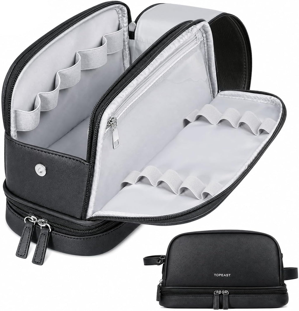 TOPEAST Toiletry Bag for Men, Large PU Leather Dopp Kit with Waterproof Wet Pocket, Double Layer Travel Toiletry Organizer with Brush Compartment, Shaving Bag with Handle, Black