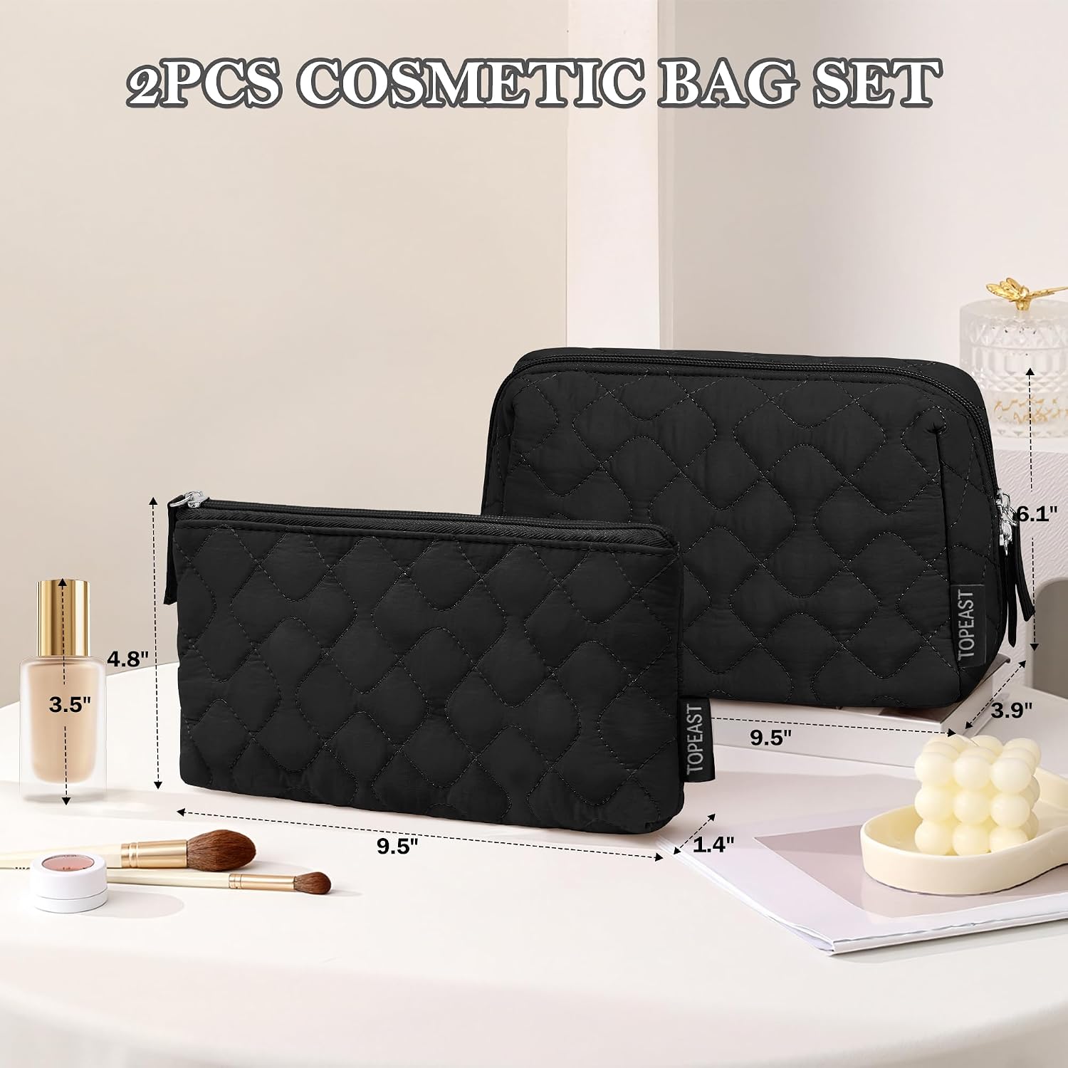 TOPEAST Christmas Gifts for Women Girls - 2Pcs Makeup Bag Small Travel Cosmetic Bag Puffy Make Up Pouch Set, Open Flat Waterproof Toiletry Bags Organizer for Traveling, Black