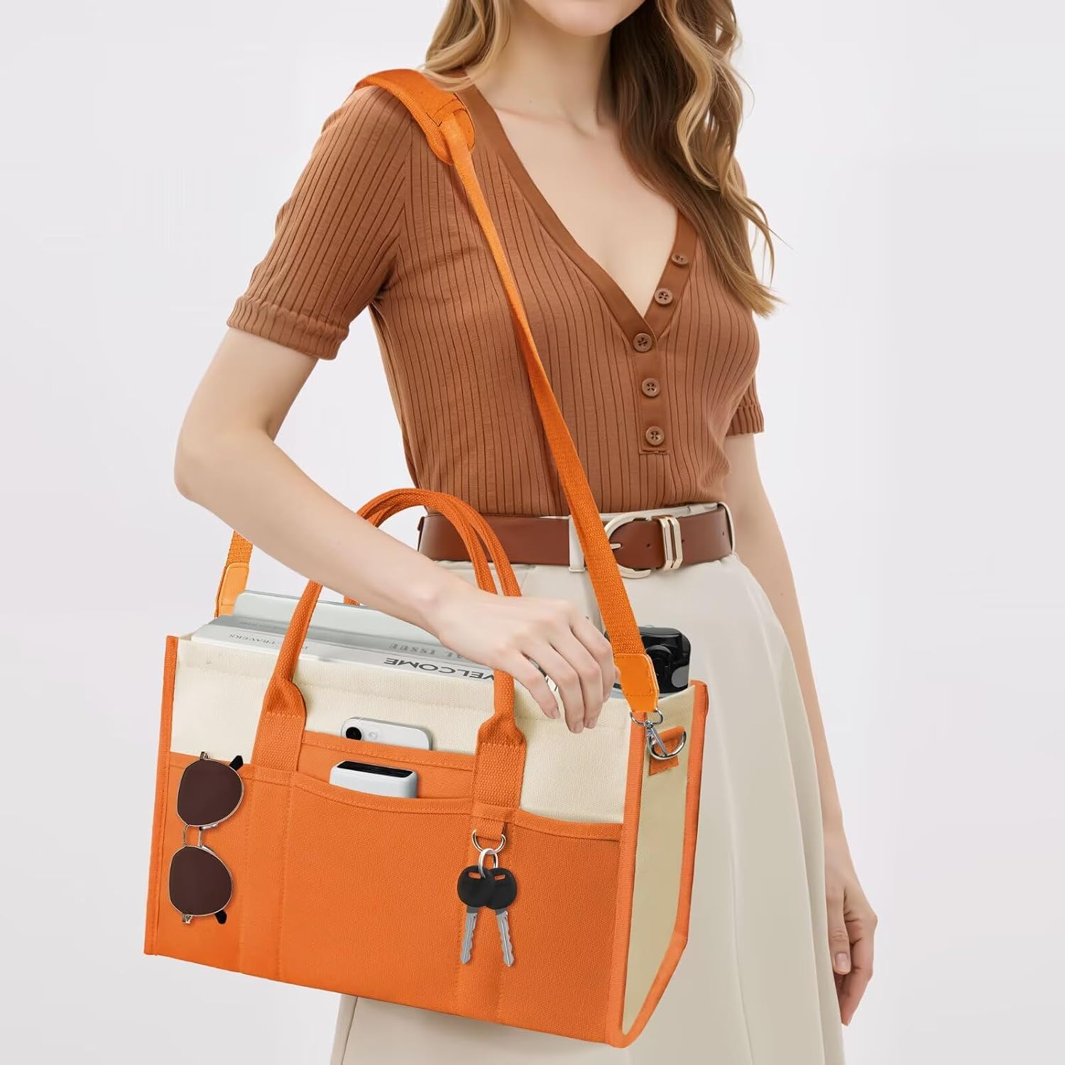 TOPEAST Canvas Tote Bag for Women, Women's Crossbody Handbag for Work Travel, Large Tote Bag with Compartments