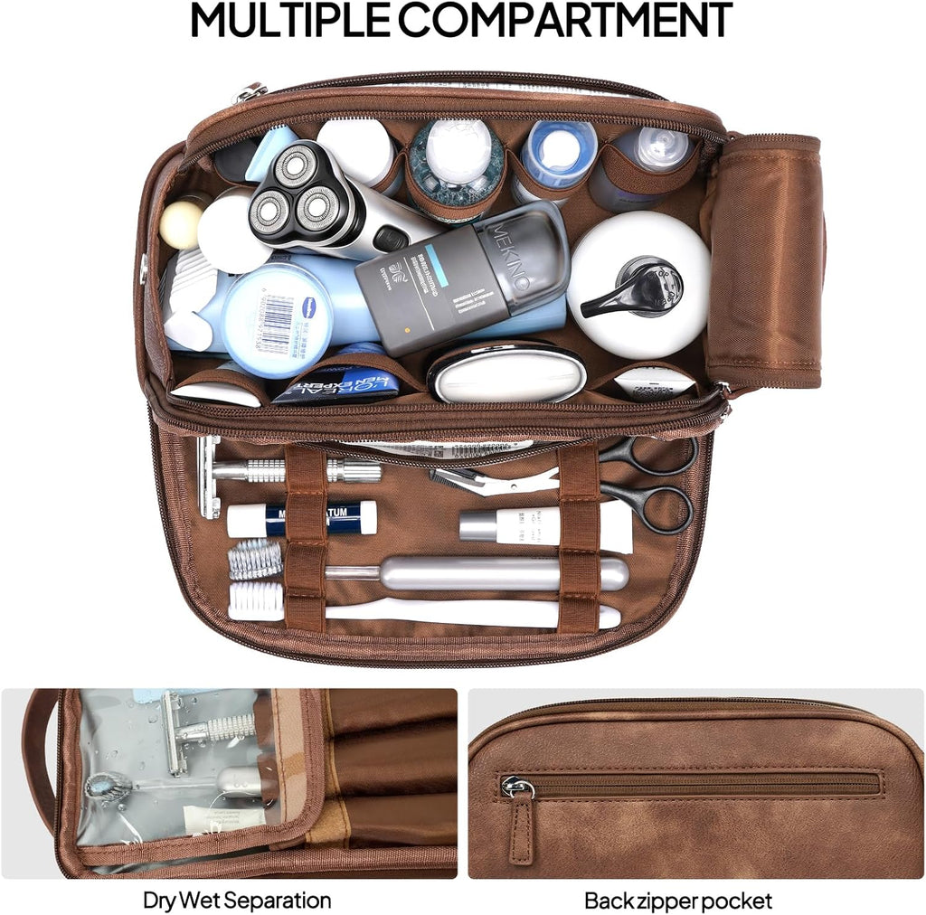 TOPEAST Toiletry Bag for Men, Large PU Leather Dopp Kit with Waterproof Wet Pocket, Double Layer Travel Toiletry Organizer with Brush Compartment, Shaving Bag with Handle, Brown