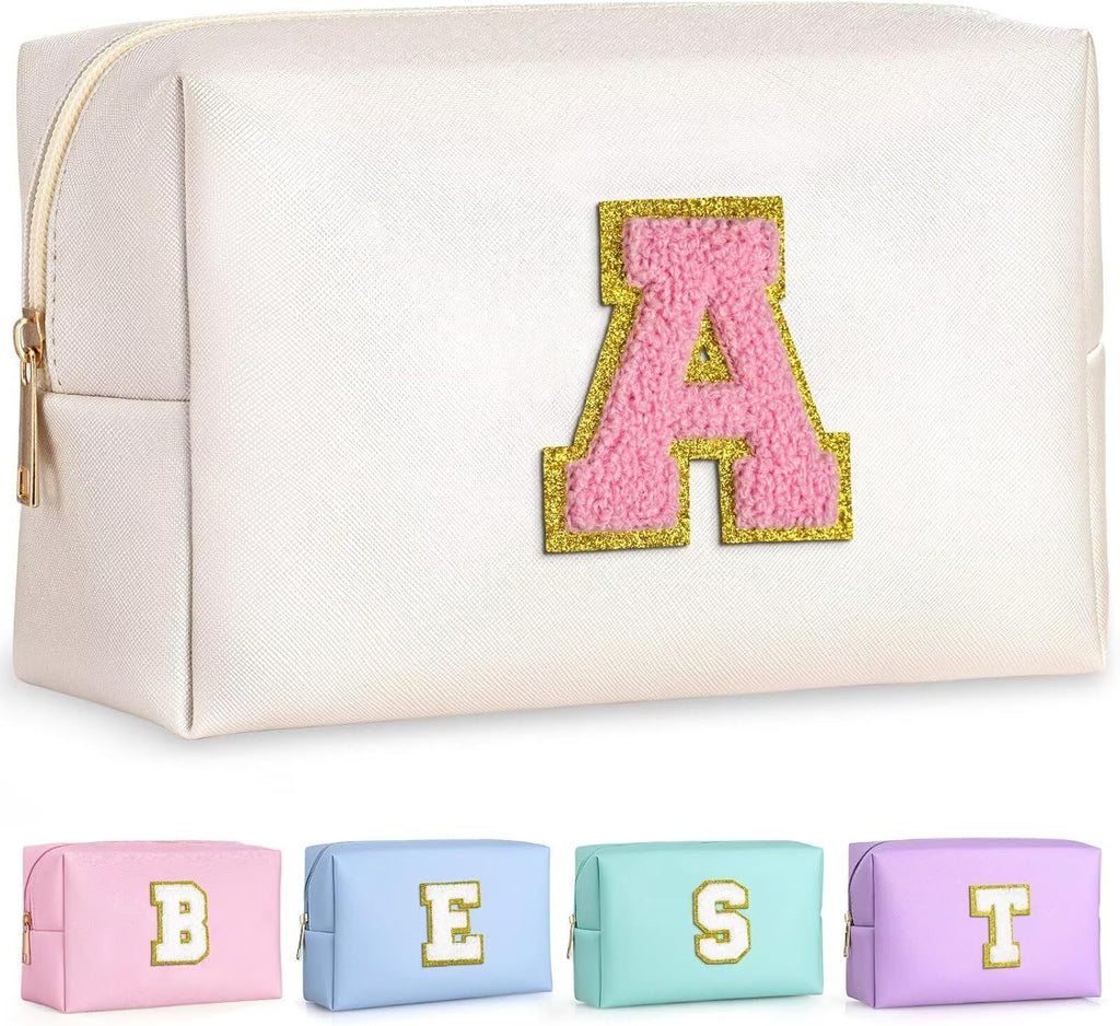TOPEAST Birthday Gifts for 4 5 6 7 8 9 10 11 12 Year Old Girls, Initial Makeup Bag, Cosmetic Bag Travel Toiletry Pouch (White A)