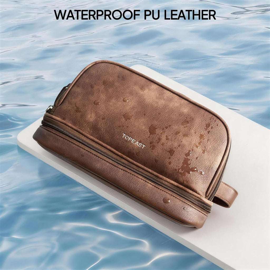 TOPEAST Toiletry Bag for Men, Large PU Leather Dopp Kit with Waterproof Wet Pocket, Double Layer Travel Toiletry Organizer with Brush Compartment, Shaving Bag with Handle, Brown