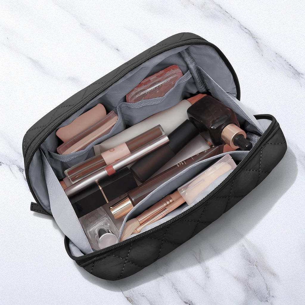 TOPEAST Christmas Gifts for Women Girls - 2Pcs Makeup Bag Small Travel Cosmetic Bag Puffy Make Up Pouch Set, Open Flat Waterproof Toiletry Bags Organizer for Traveling, Black