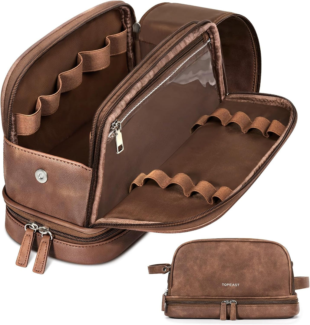 TOPEAST Toiletry Bag for Men, Large PU Leather Dopp Kit with Waterproof Wet Pocket, Double Layer Travel Toiletry Organizer with Brush Compartment, Shaving Bag with Handle, Brown