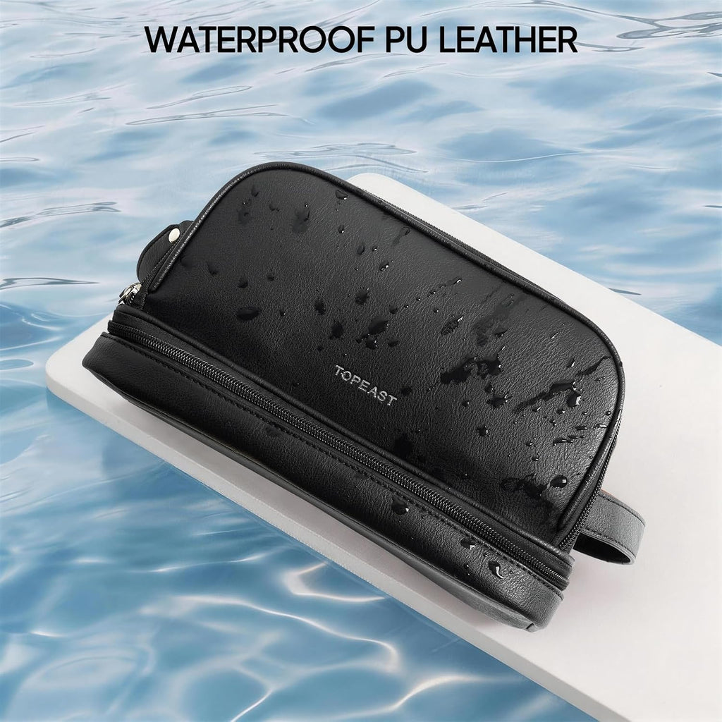 TOPEAST Toiletry Bag for Men, Large PU Leather Dopp Kit with Waterproof Wet Pocket, Double Layer Travel Toiletry Organizer with Brush Compartment, Shaving Bag with Handle, Black