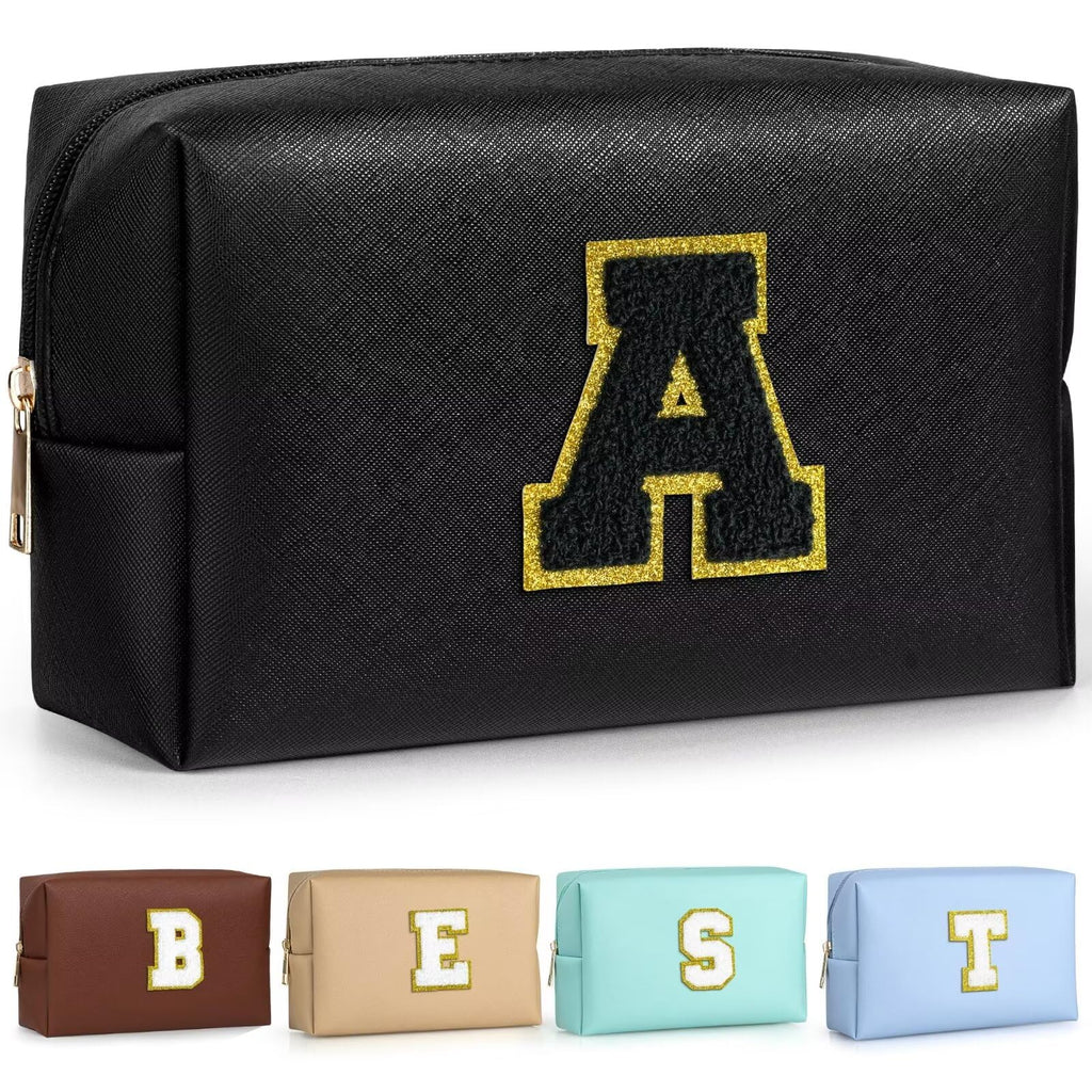 TOPEAST Preppy Small Makeup Bag, Chenille Letter Pouch Cosmetic Bag With Zipper, PU Leather Waterproof Toiletry Bag, Personalized Birthday Gift for Women, Cute Stuff for Girls (Blue D)