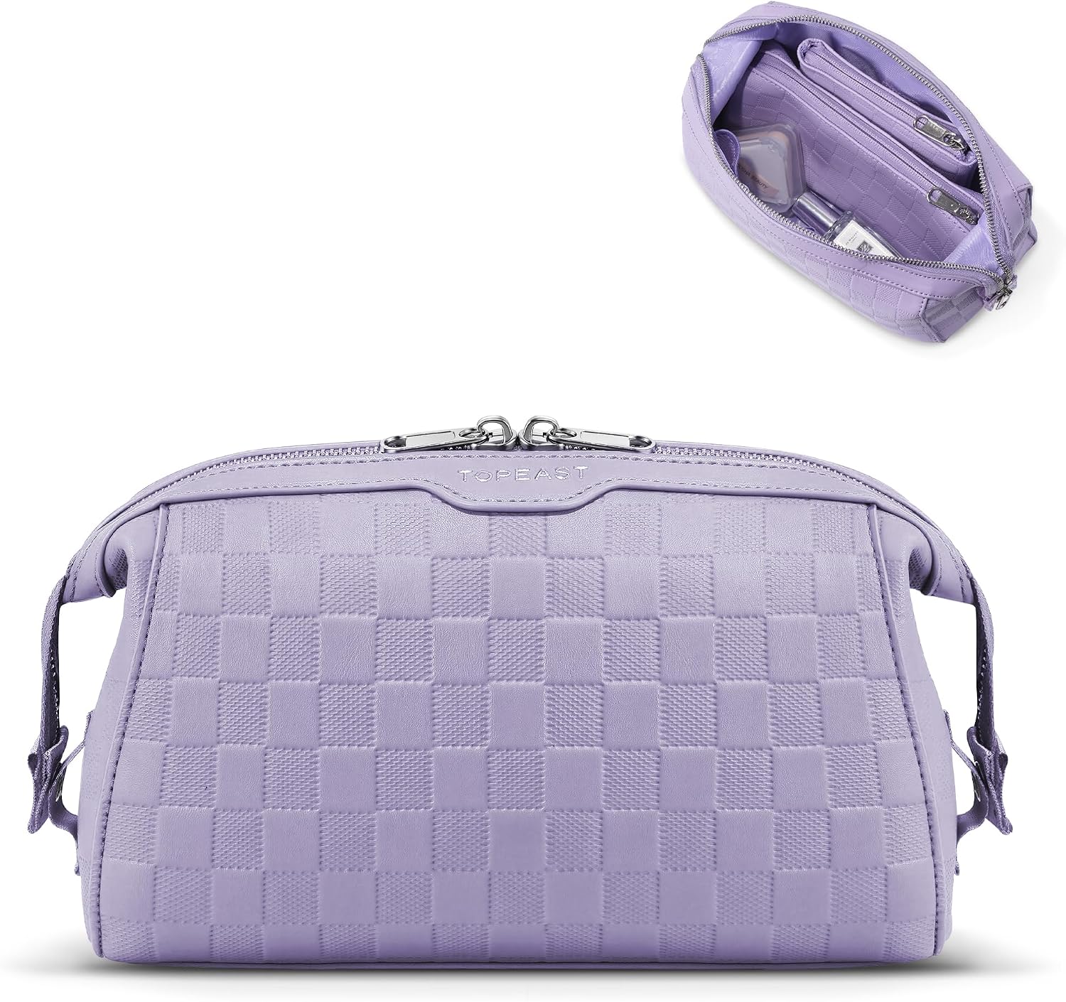 TOPEAST Travel Makeup Bag Cosmetic Bags for Women, 3 Pcs Set Make Up Toiletry Bag with Removable Zip Pouch, Waterproof Leather Makeup Brush Organizer for Travel Essentials, Purple