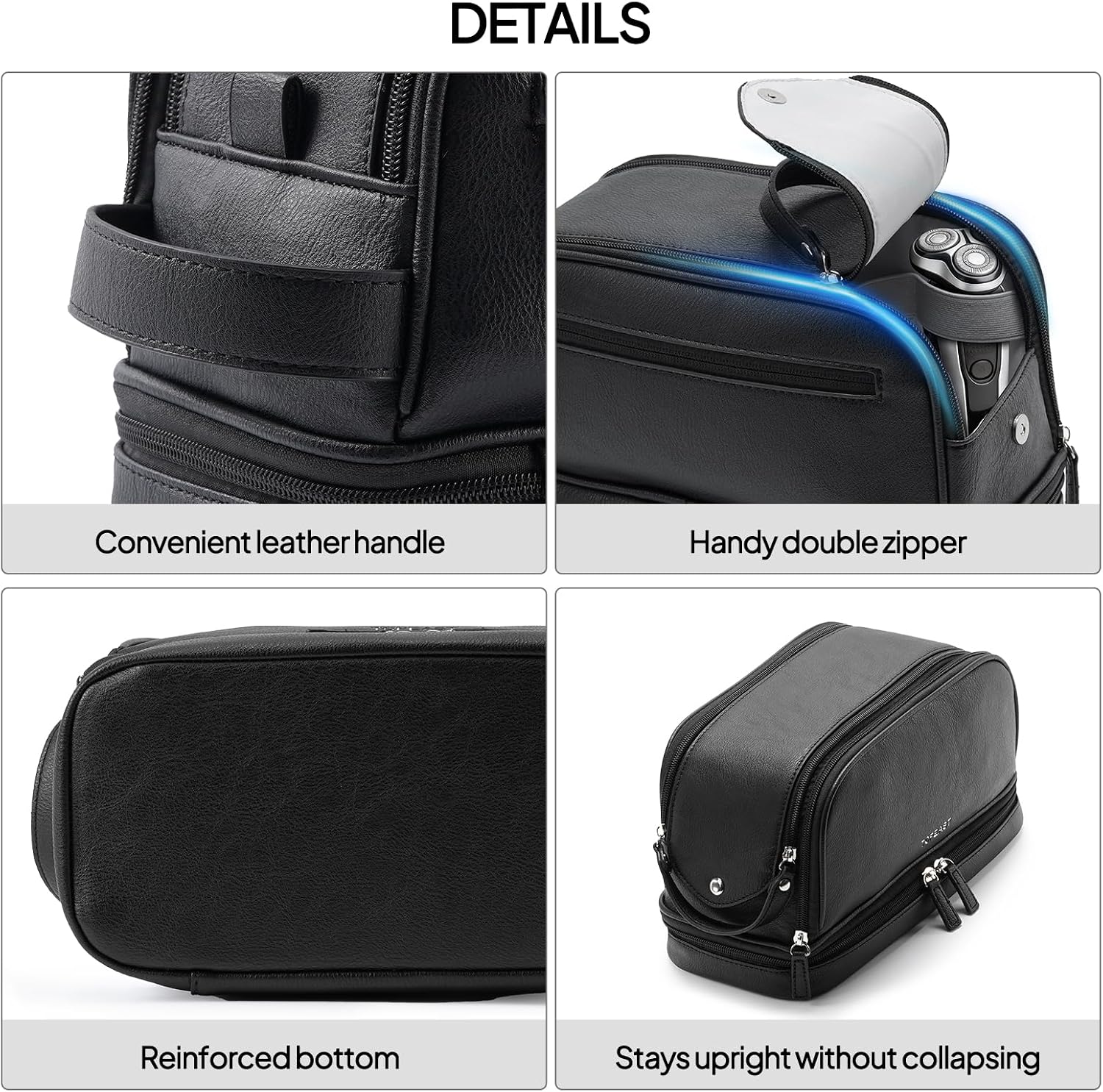 TOPEAST Toiletry Bag for Men, Large PU Leather Dopp Kit with Waterproof Wet Pocket, Double Layer Travel Toiletry Organizer with Brush Compartment, Shaving Bag with Handle, Black