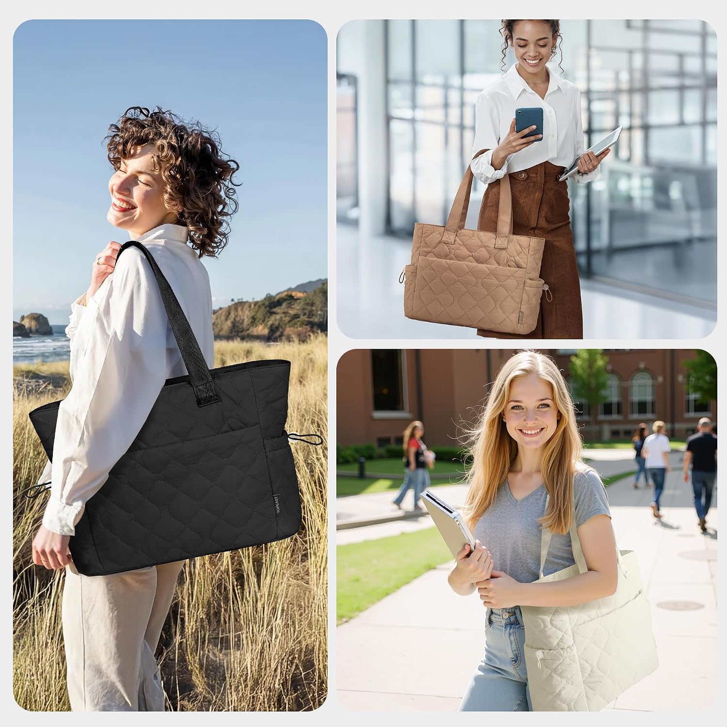 TOPEAST Tote Bag for Women Puffy Tote Travel Bag, Light 15.6" Laptop Work Handbag, Quilted Shoulder Bag Purse for Student Gym