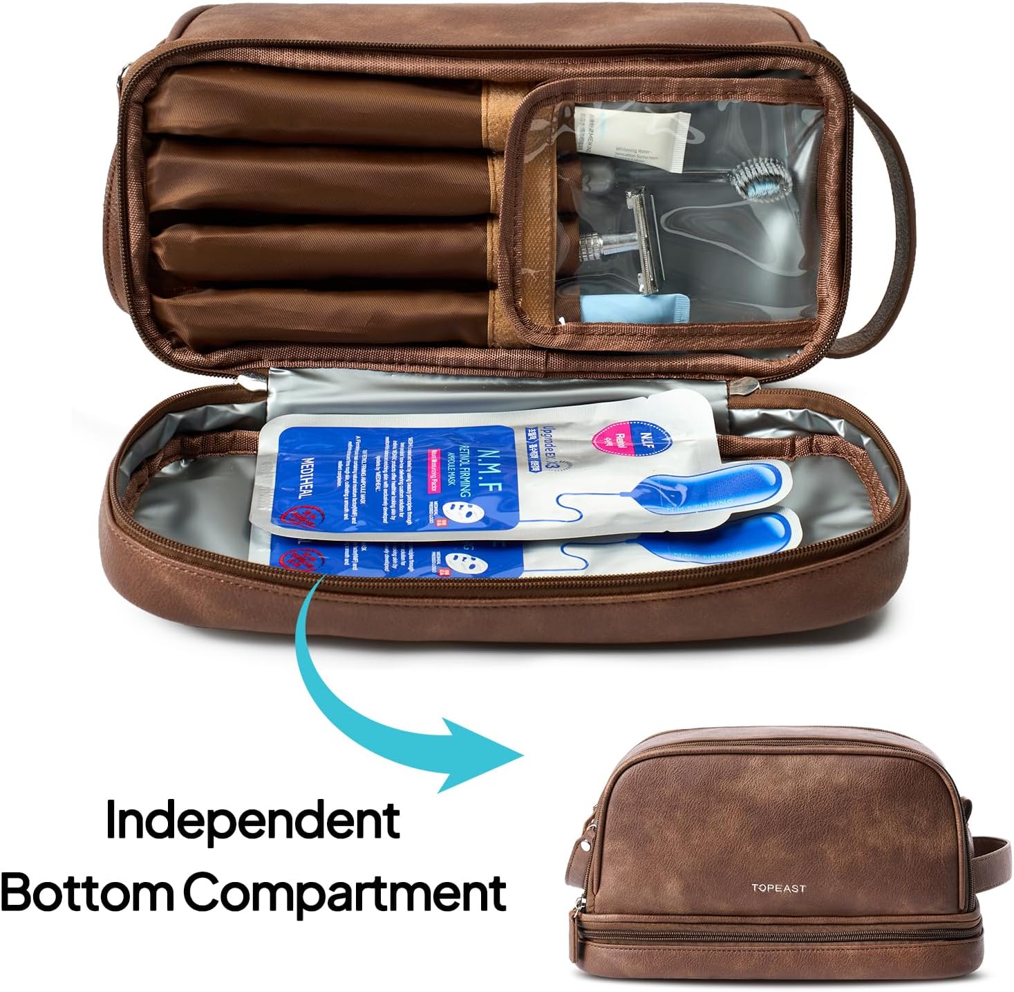 TOPEAST Toiletry Bag for Men, Large PU Leather Dopp Kit with Waterproof Wet Pocket, Double Layer Travel Toiletry Organizer with Brush Compartment, Shaving Bag with Handle, Brown
